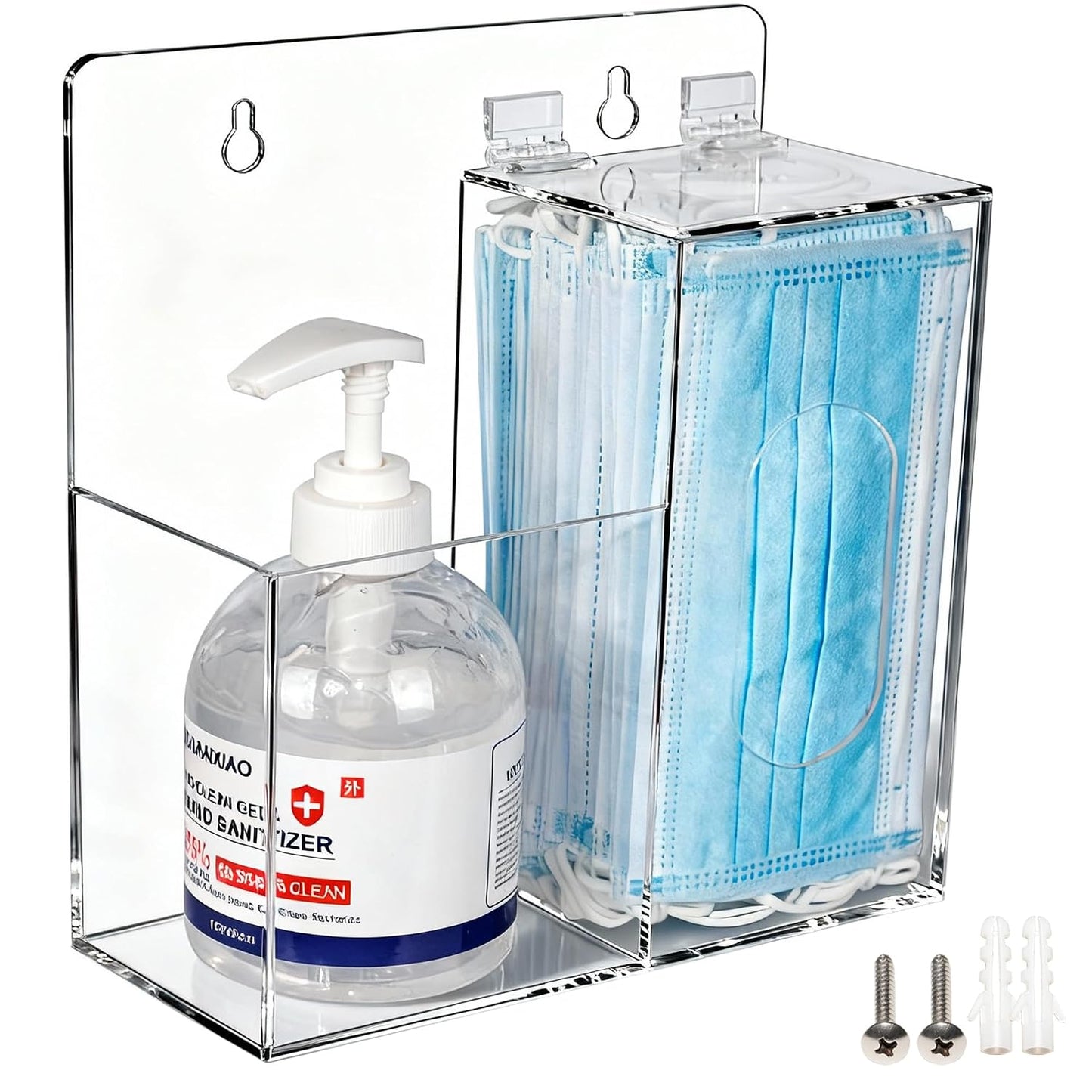 SEANADO Face Mask Dispenser and Hand Sanitizer Holder Stand Wall Mount or Countertop, Hygiene Station with 2 Compartment Clear Box Dispenser for Disposable Masks, Hairnets