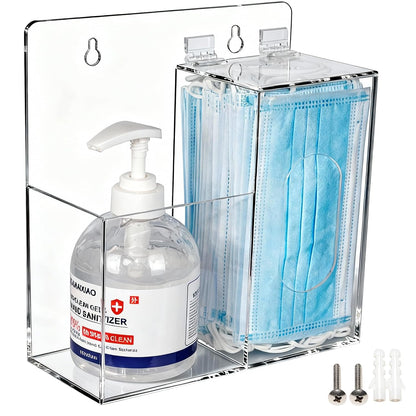 SEANADO Face Mask Dispenser and Hand Sanitizer Holder Stand Wall Mount or Countertop, Hygiene Station with 2 Compartment Clear Box Dispenser for Disposable Masks, Hairnets