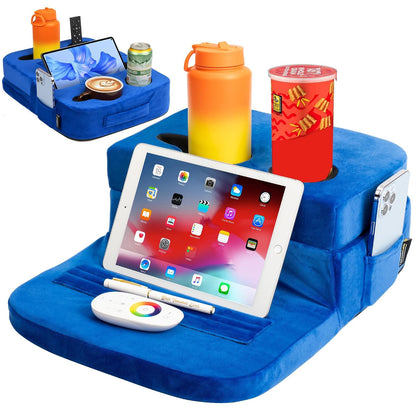 Couch Cup Holder Tray Pillow - Bed, Couch Caddy, Sofa, RV & Car - Holds Drinks, Snacks, Remotes, Phones, Kindle, Tablet | Bed Cup Holder (Blue)