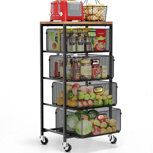 Kitchen Cart with Drawers, Lockable Wheels with Wo... (Black | Metal, Wood)