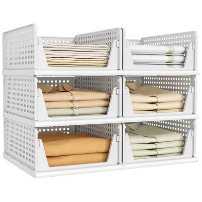 6 Pack Closet Organizer Storage Bins Stackable Plastic Drawer Shelf | Basket for Clothing Stackable Storage Bins Shelf Storage Container for Closet Wardrobe Bedroom Bathroom Office White Foldable