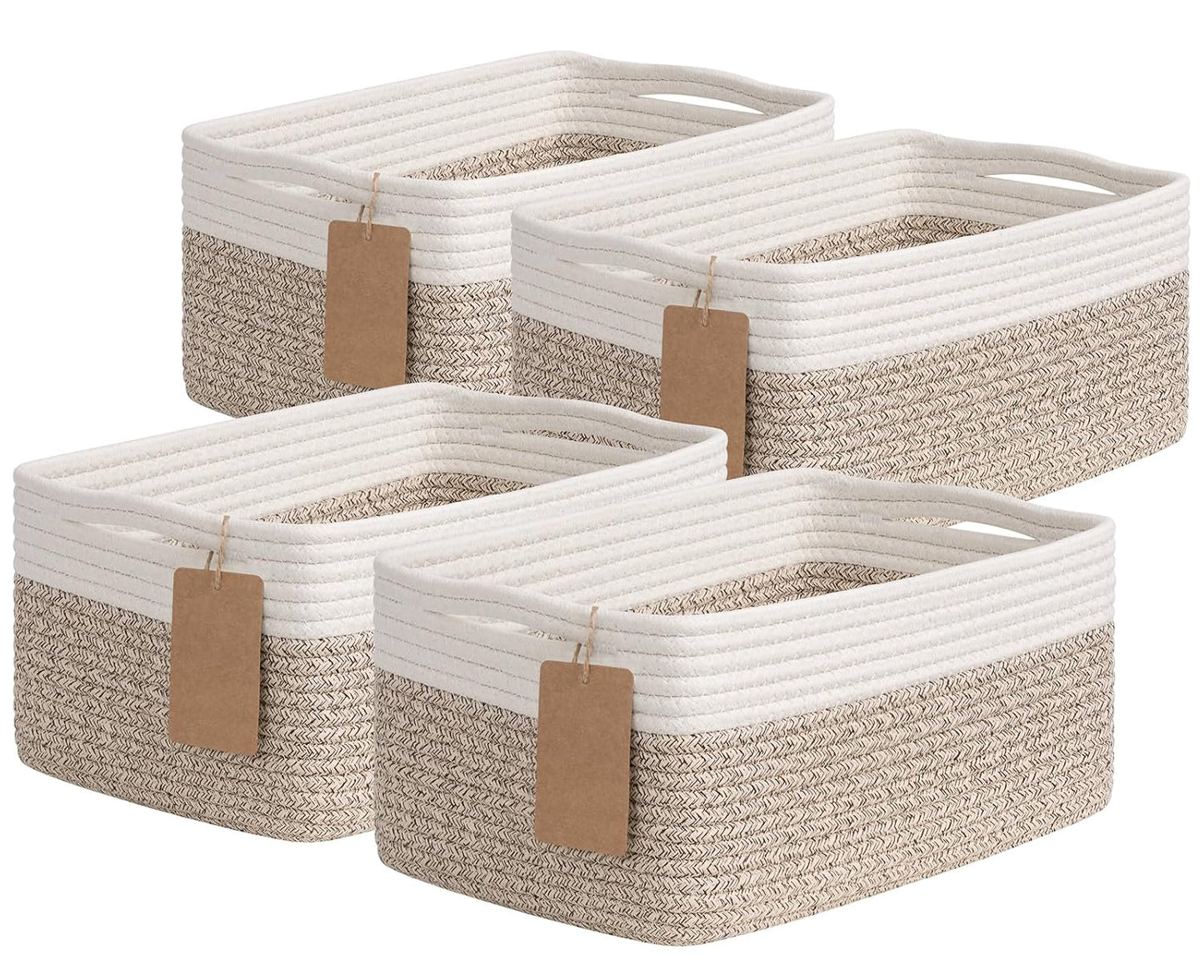 Goodpick 4 Pack Storage Baskets for Organizing Shelves, Light Brown & White | 13" x 8" x 6" Woven Rope Baskets for Baby Toys & Diapers, Decorative Gift Basket for Home & Nursery, Rectangle Design