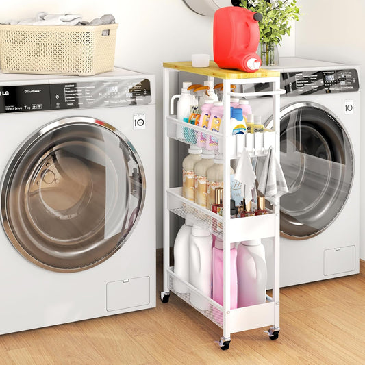 7.1" Wide Slim Storage Cart on Wheels, 4 Tier Meta... (White | Metal)