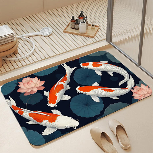 Japanese Fish Bath Mat,Fast Drying Lotus Flowers Leaves Bathmats for Bathroom, Non Slip Soft Diatomaceous Bath Rug Bathroom Accessories Thin Doormat for Home Kitchen 17 X 29.5 Inch
