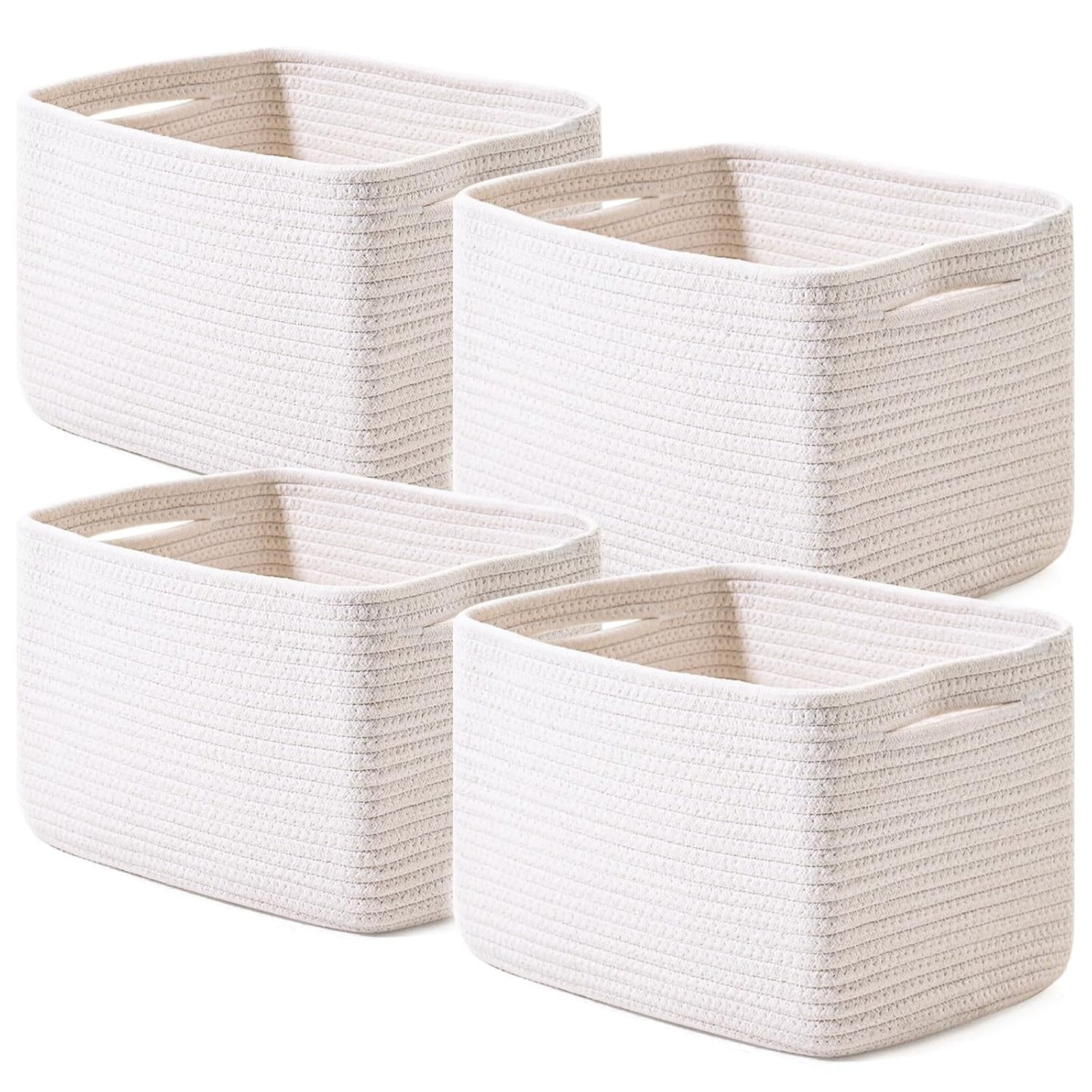 Storage Baskets for Organizing 12.5"x9.1"x7.9" (4 Packs) Off White | Storage Bin for Shelves, Woven Cotton Rope Basket with Handles for Bedroom Living Room Nursery Bathroom
