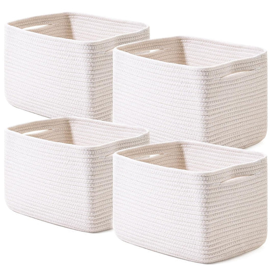 Storage Baskets for Organizing 12.5"x9.1"x7.9" (4 Packs) Off White | Storage Bin for Shelves, Woven Cotton Rope Basket with Handles for Bedroom Living Room Nursery Bathroom