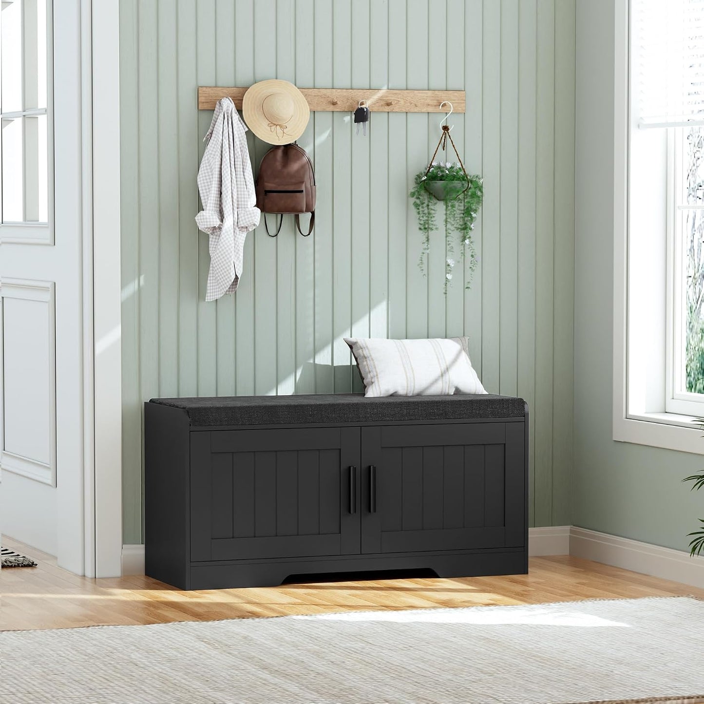 Homleke Shoe Storage Bench, 2 Doors & Thickened Padded Seat Cushion | 2-Tier Shoe Bench, Entryway Bench, Adjustable Shelf, 13.8" D x 37.4" W x 18.5" H, for Living Room, Bedroom, Black