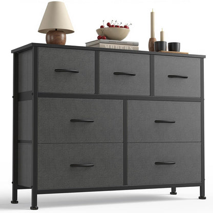Sweetcrispy 7 Drawer Dresser for Bedroom Storage with Fabric Bins, Gray | Anti-Tip Closet Organizer, Wooden Top and Sturdy Steel Frame, Spacious Drawers for Clothes Storage, Hallway Entryway