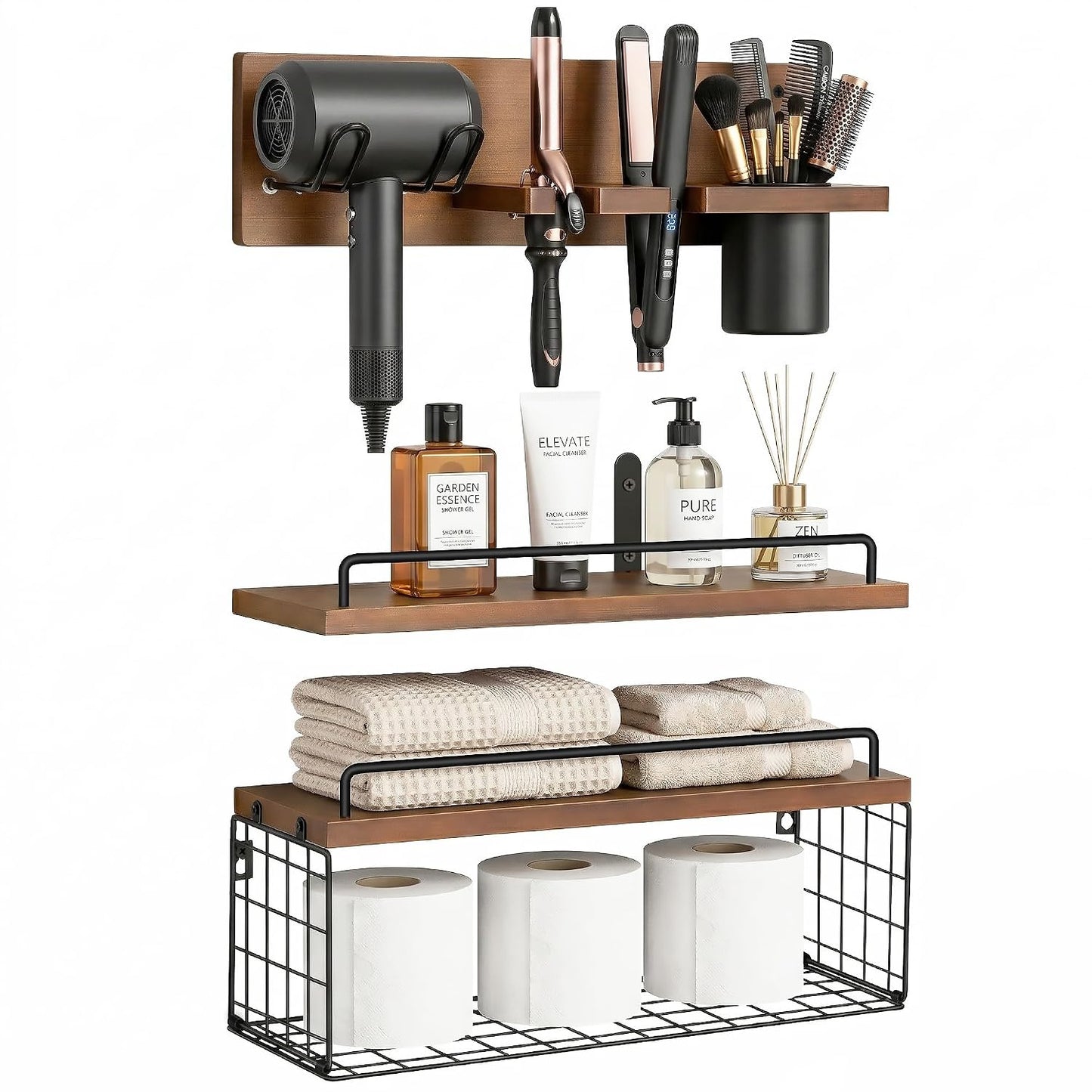 3-Tier Bathroom Floating Shelves with Curling Iron Holder & Hair Tool Organizer, Wall Mounted Rustic Wood Storage Rack Over Toilet with Hair Dryer Holder for Bathroom Decor & Organization