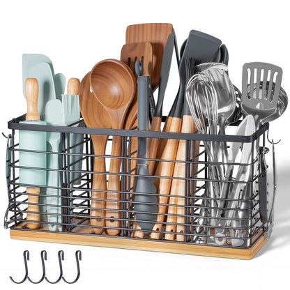 Nigelia 4 Compartments Extra Large Kitchen Utensil Holder with Wooden Base, Metal Organizer for Kitchen Countertop, Matte Black Cooking Utensils Holder with 4 Hooks for Tools Storage