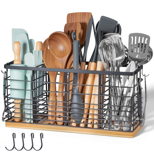 Nigelia 4 Compartments Extra Large Kitchen Utensil Holder with Wooden Base, Metal Organizer for Kitchen Countertop, Matte Black Cooking Utensils Holder with 4 Hooks for Tools Storage