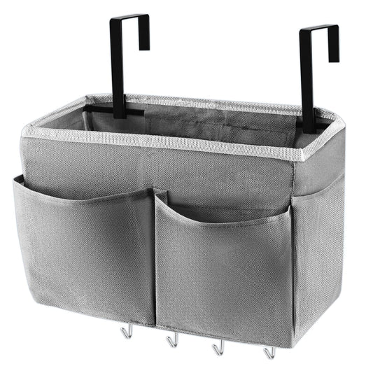 Bedside Caddy Organizer 5 Pockets and 4 Hooks for Bunk Bed Grey | Hanging Storage Bag for Headboards