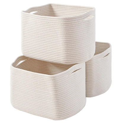 Storage Baskets for Organizing Shelves, Woven Cotton Rope Bins for Baby Nursery Organization, Book Toy Towel Organizer, 15"x11"x9.5", 3 Packs, Off White
