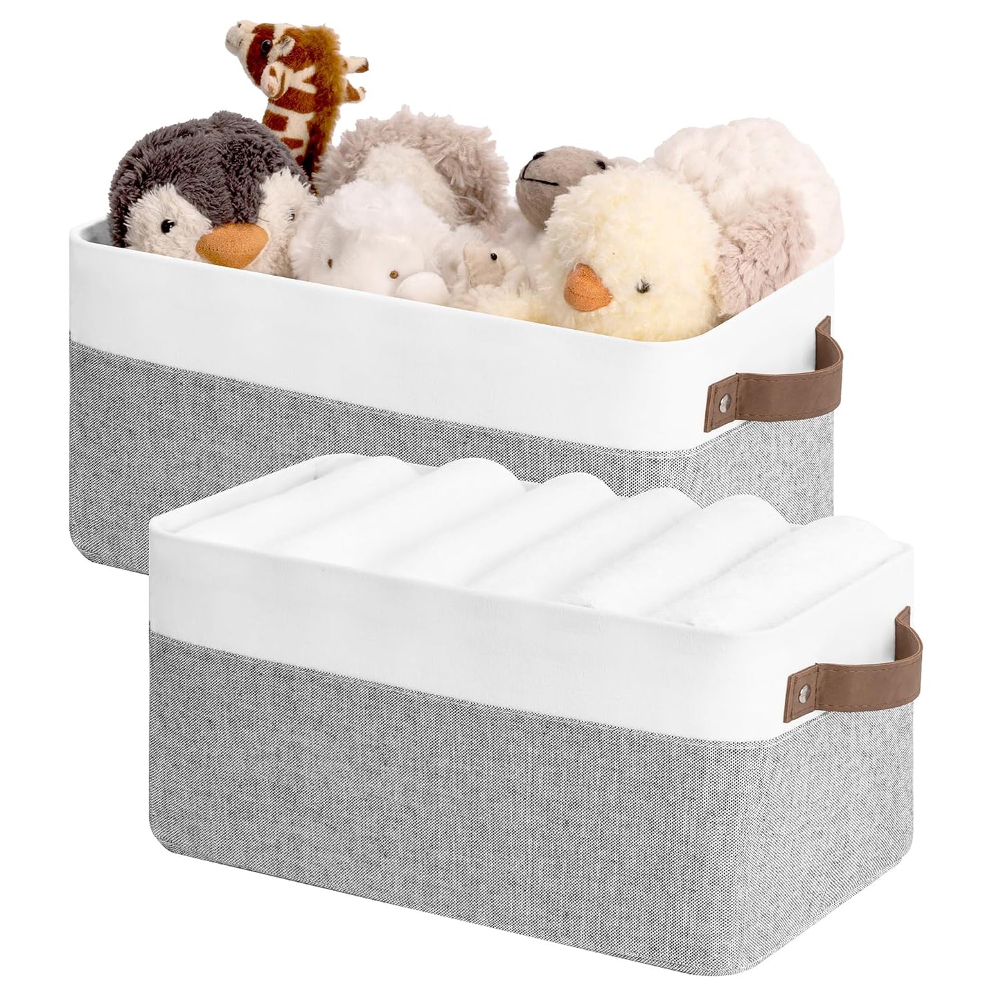 StorageWorks Narrow Storage Bins, Small Basket for Closet and Shelves, Rectangular Fabric Organizer with Handles, Toilet Paper Storage, Gray and White, 2-Pack