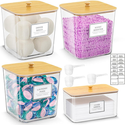 HomePekite Laundry Pods Storage Container, Clear Laundry Room Organization and Storage ,Detergent Powder Container,with Wooden Lids & Labels, 3+1 Pack