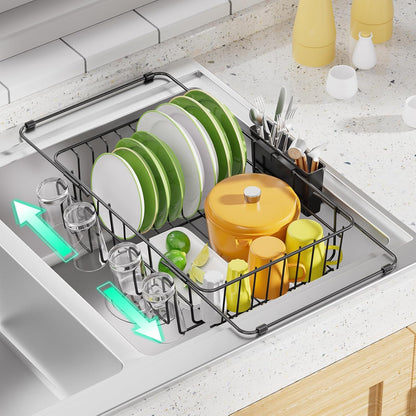 Simple Trending Expandable Dish Drying Rack in Sink, Black | Adjustable Dish Rack with Utensil & Cup Holder for Kitchen Counter, Dish Drainer Inside Sink, Over the Sink, Non-Slip Feet