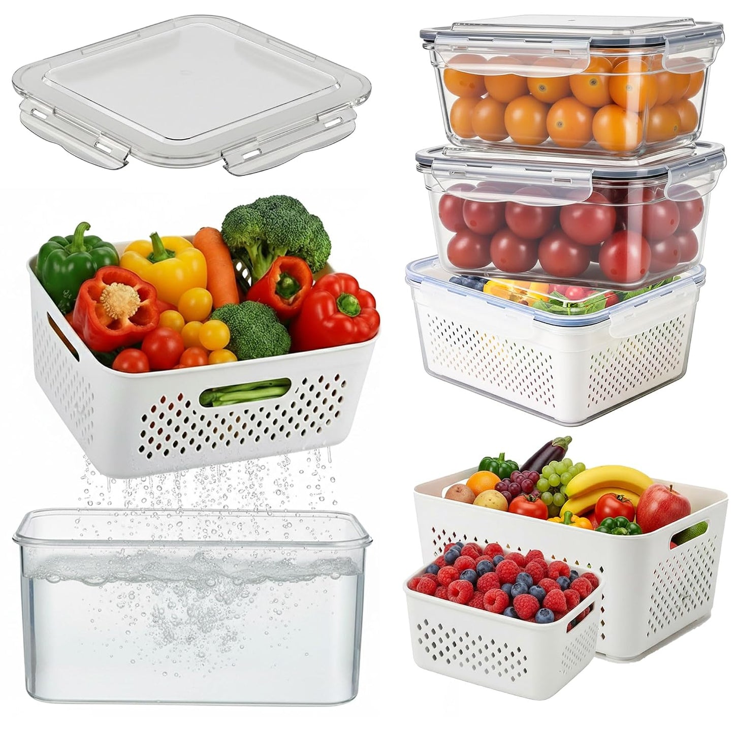 5 Pack Large Fruit Storage Containers for Fridge with Removable Colander | Plastic Food Storage Containers with Lids Airtight-Leak Proof Refrigerator Organizers and Storage of Vegetable