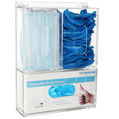 Triple Hygiene Dispenser Sanitation Station with Lid - Tabletop or Wall Mounted Masks and Glove Box Holder Dispenser for Hairnet Shoe Cover - 3 Compartments Acrylic Medical Organizer, Clear