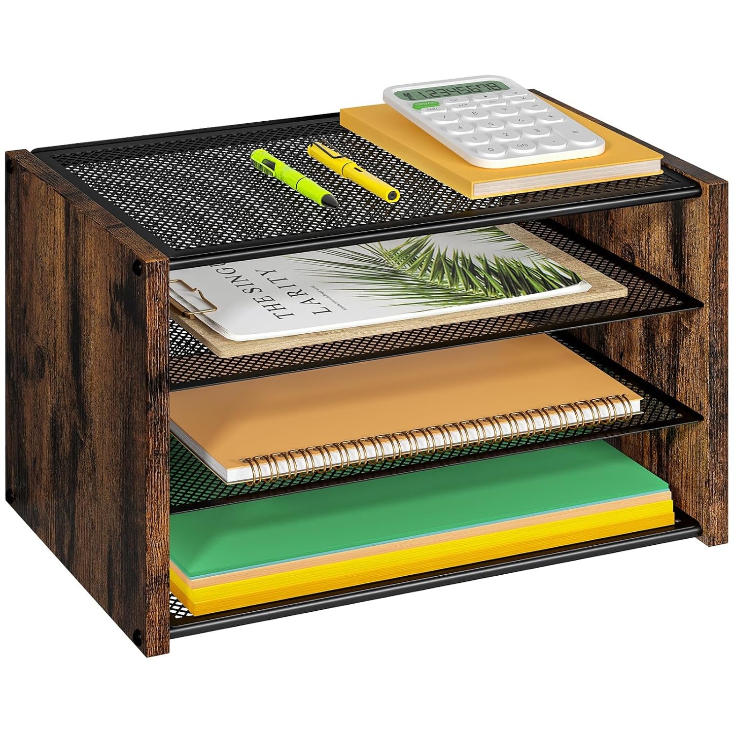 DAOUTIME 3-Tier Paper Letter Tray, Wooden Desk File Organizer, Stackable Metal Mesh Desk Organizer for Office Supplies. Small Paper Trays for Home Office School, Rustic Brown
