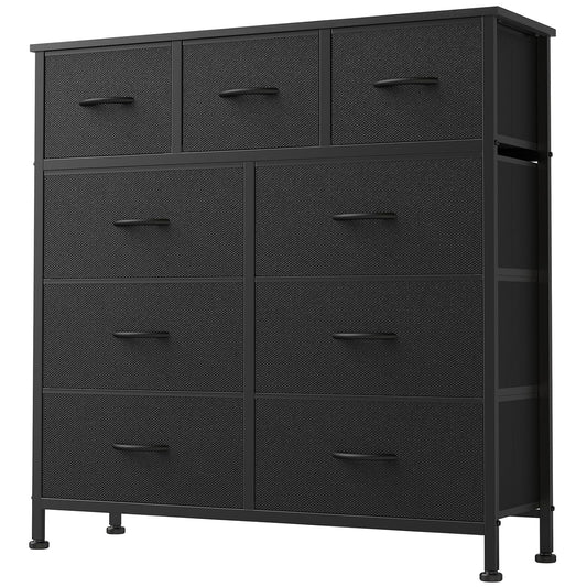 DUMOS 9 Drawer Dresser for Bedroom, Chest of Drawers | Fabric Storage Organizer, Sturdy Metal Frame Wooden Top, Closet Entryway Guest Room, Matte Black
