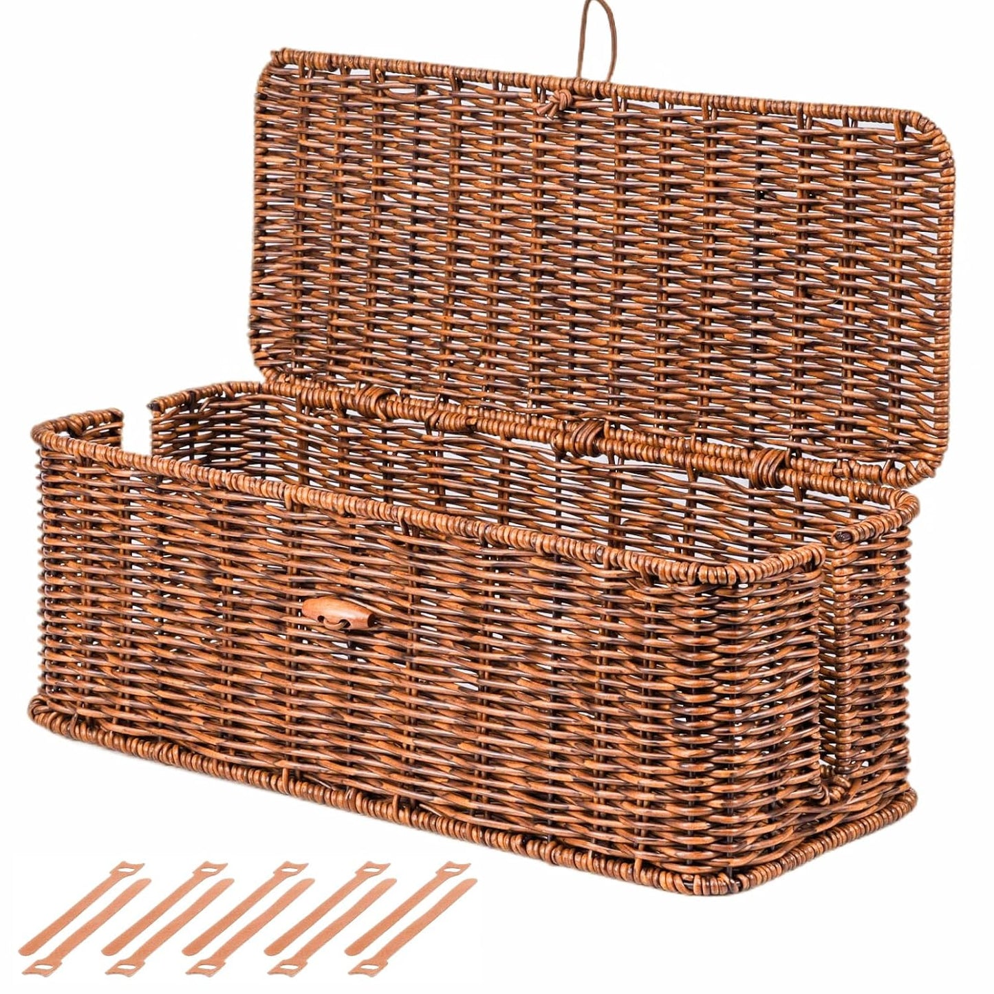 BROWNLILY Cable Management Box, Rattan Style Cord Organizer for Desk Cord Hider Outlet Covers for Power Strip TV PC Router Charger Under Desk Storage with Lockable Lid and Cable Ties