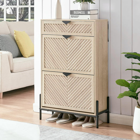 Shoe Cabinet with 2 Flip Drawers, Narrow Entryway Rack, Oak | Slanted Wood Grain, Freestanding, Adjustable Compartments, Removable Middle Shelf, Metal Handles, for Hallway Foyer Entrance