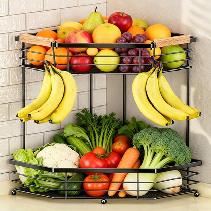 Fruit Basket for Kitchen Corner: Space-Saving 2-Tier | Sturdy Metal Fruit and Vegetable Stand Fits 90° Corners, Holds 12+ lbs, Frees 2 sq ft Counter Space