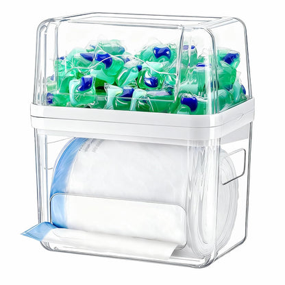 iCASA Trash Bag Dispenser Dishwasher Pods Container Under Sink Organizer | 3 in 1 Stackable Trash Bag Holder Garbage Bag Dispenser for 13/30/33 Gallon Bags, Clear Storage Bins Laundry Pods Container