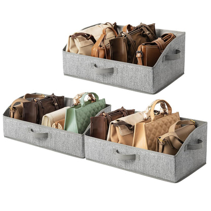 GRANNY SAYS Large Purse Organizer for Closet 19¾"L, Trapezoid Storage Bins with Front Open Access, Foldable Fabric Storage Baskets for Shelves 3 Pack Gray Closet Organizers and Storage