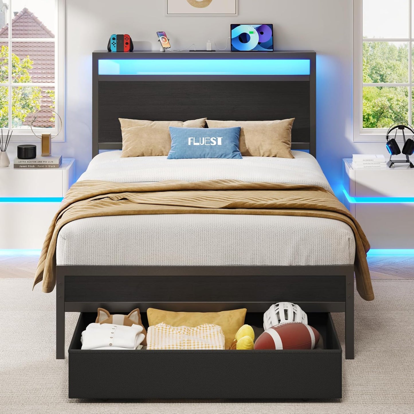 Twin Bed Frame,Twin Bed Frame with Storage Headboard & Storage Drawer, Charging Station & LED Light, No Box Spring Needed, Noise Free, Easy Assembly, Classic Black