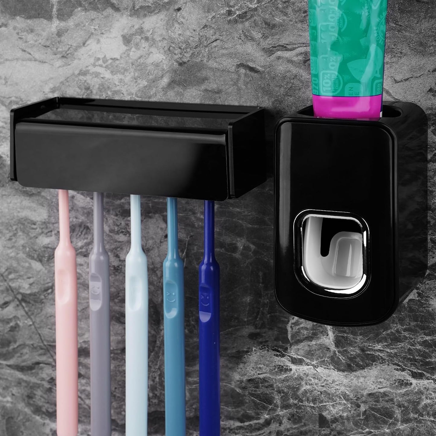 5 Slots Wall Mount Toothbrush Holder with Cover, Self Adhesive Toothbrush Storage Organizer for Shower, Toothbrush Hanger with Automatic Toothpaste Squeezer Dispenser(Black)
