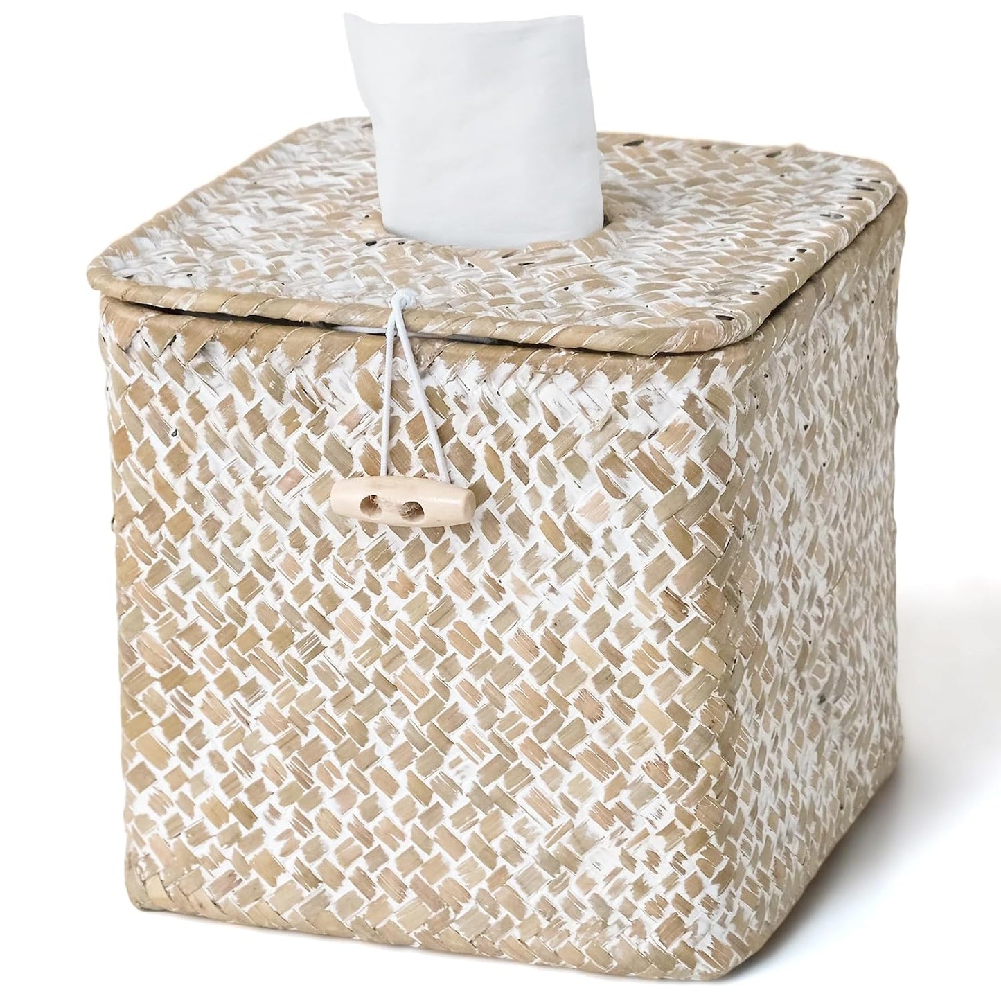 Seagrass Tissue Box Cover Square, Woven Wicker Tissue Box Holder, Whitewash | With Lid, Natural Seagrass, Handwoven, Boho Decor, Decorative Facial Cube Tissue Cover Holder for Bathroom Office Table