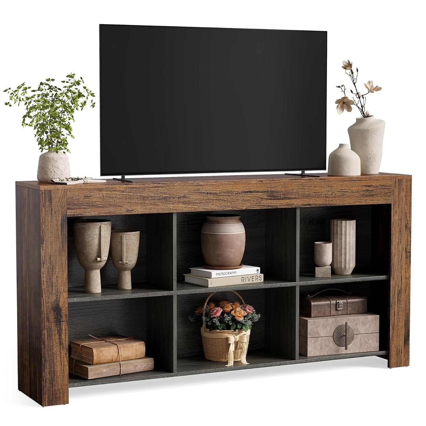 LITTLE TREE TV Stand with Storage, 63-Inch Entertainment Center with Shelves, Modern Media Console for Television up to 65" for Living Room, Bedroom, Brown + Dark Gray