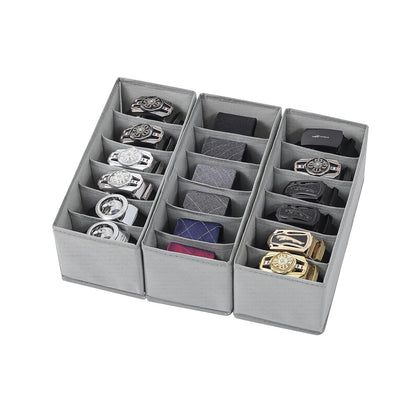 3 Packs Fabric Belt Organizer for Closet and Drawer, Foldable 6 Grids Dresser Drawer Organizers, Belt Tie Holder, Tie Box-Grey