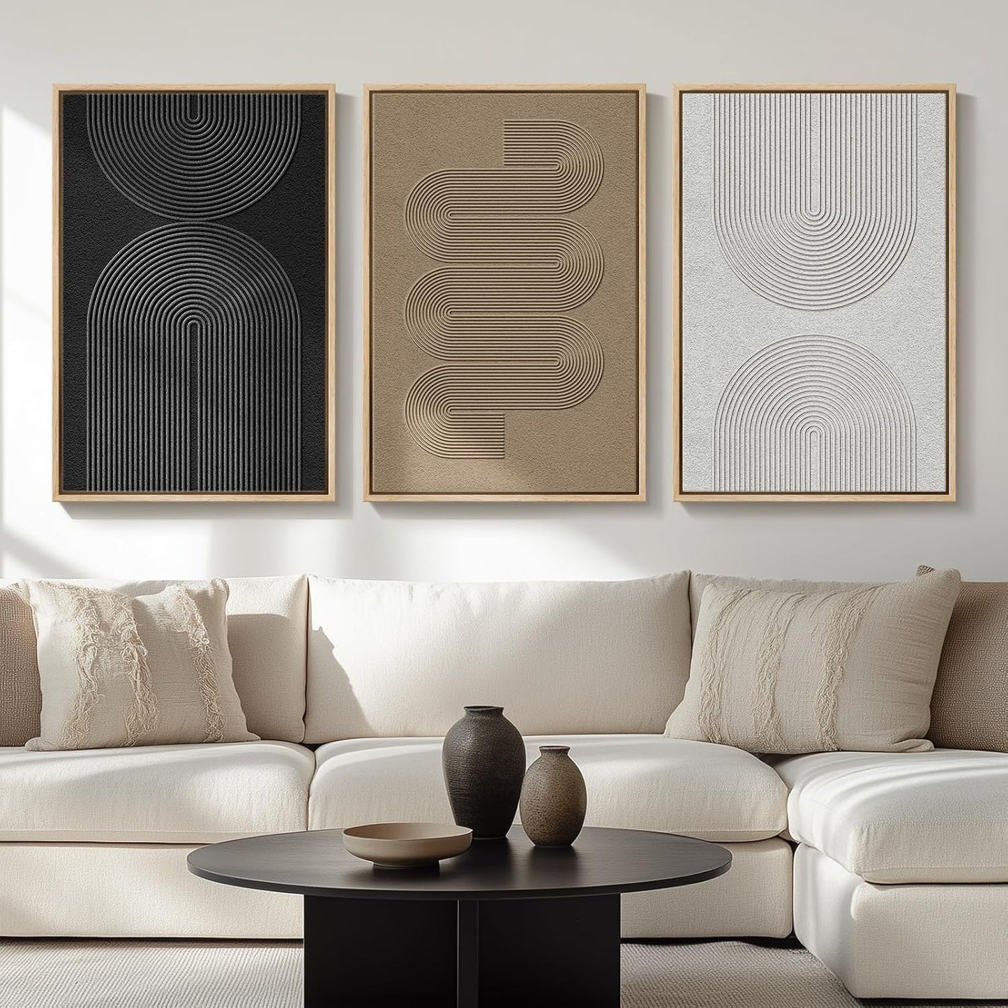 Large Framed Boho Modern Neutral Abstract Wall Art for Living Room, 3 Piece Black and White Canvas Prints Paintings Artwork for Walls, Geometric Pictures for Office Bedroom Dining Room Decor, 24x36 In