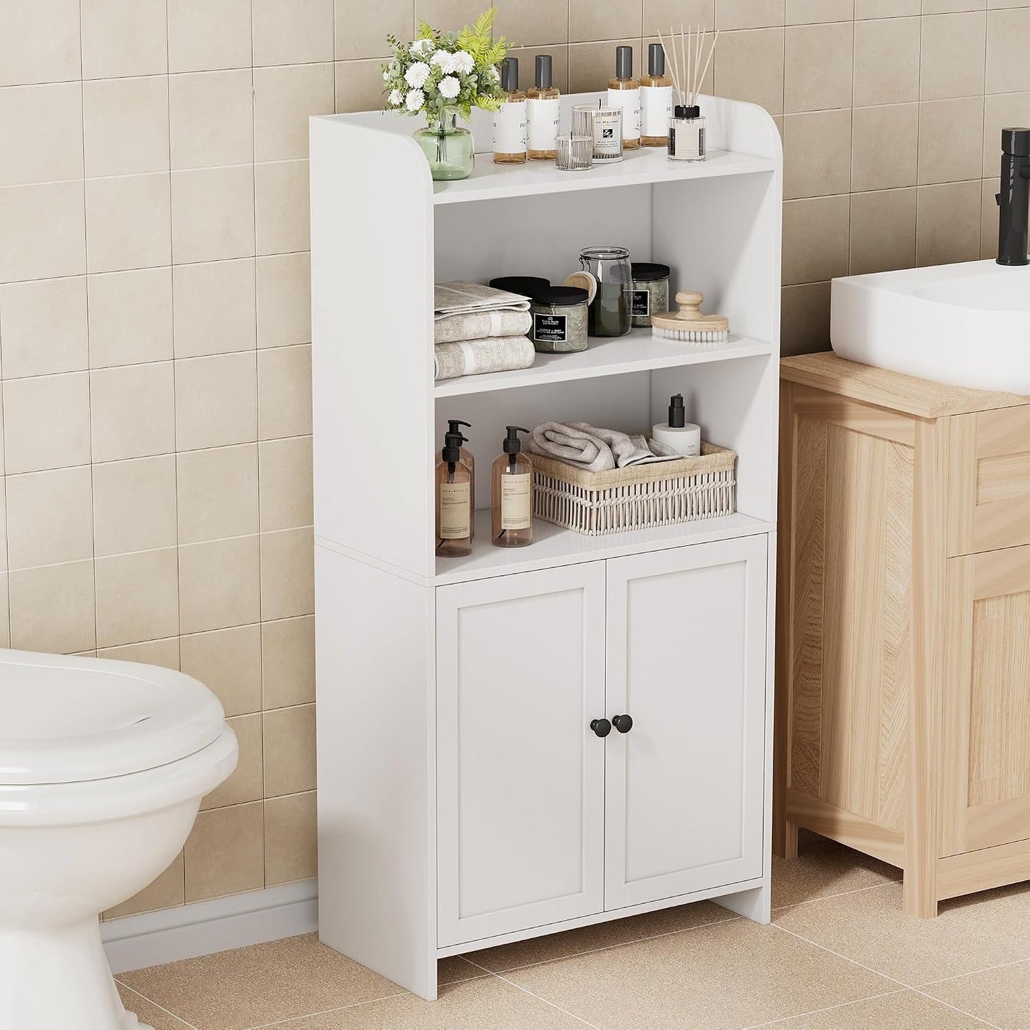 Small Bathroom Storage Cabinet, Toilet Paper Storage Cabinet | Bathroom Floor Cabinet with Doors and Shelves, Bathroom Organizers for Small Spaces, 9.8" D x 19.7" W x 39.9" H, White