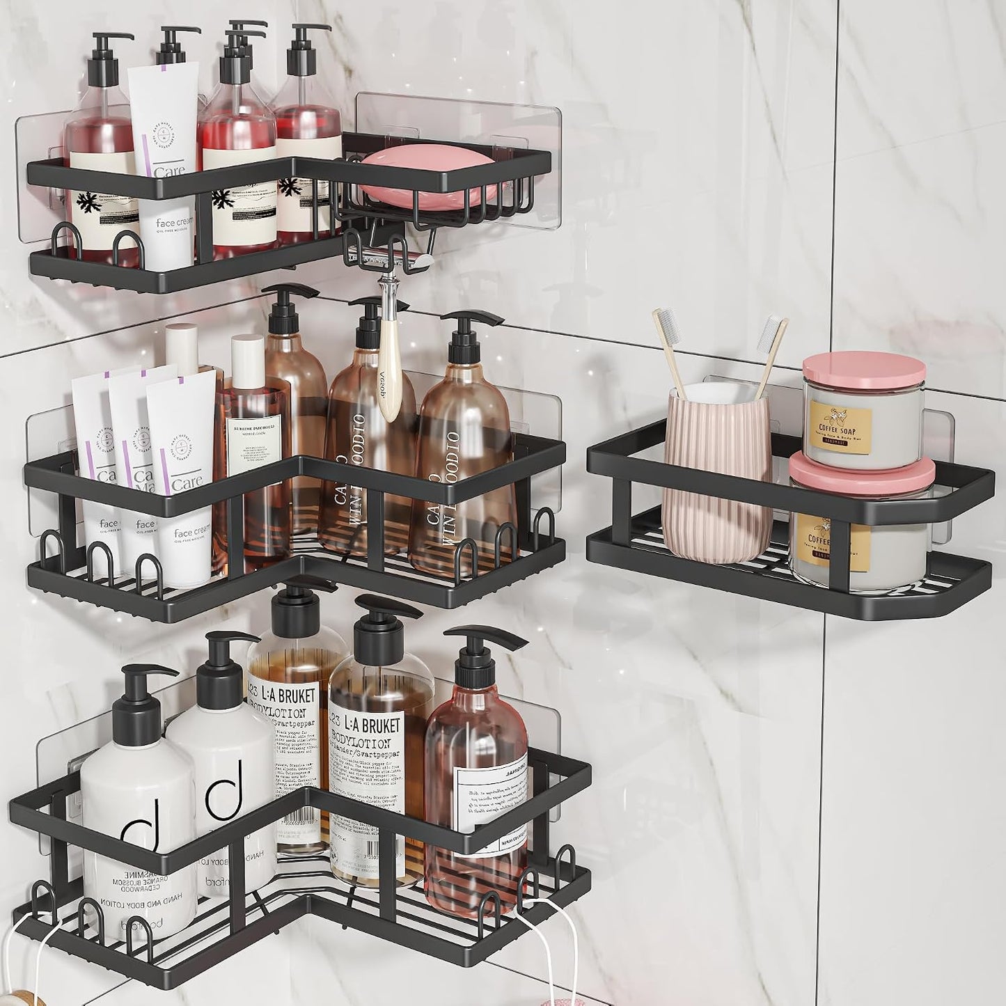 Shower Caddy Corner No Drilling-Adhesive, Shower Shelves-Rustproof | Organizer for Dorm. Black, 4-Pack - with Soap Holder