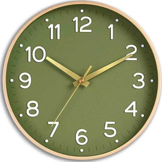 Roymnie 10 Inch Wall Clock Battery Operated Silent Non Ticking Green Analog | Green & gold modern analog; large 3D easy-read dial for kitchen, office, bathroom & bedroom; 1 AA battery (not included)
