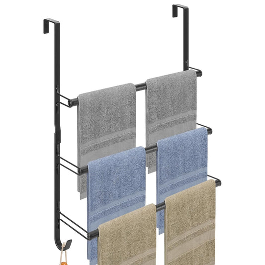 3-Tier Over The Door Towel Rack, All Metal Towel Rack with Hooks for Door Hanging, Behind Door Towel Bar Towel Storage Holder for Bathroom Accessories, Black (19.37" L x 5.9" W x 24.4" H)