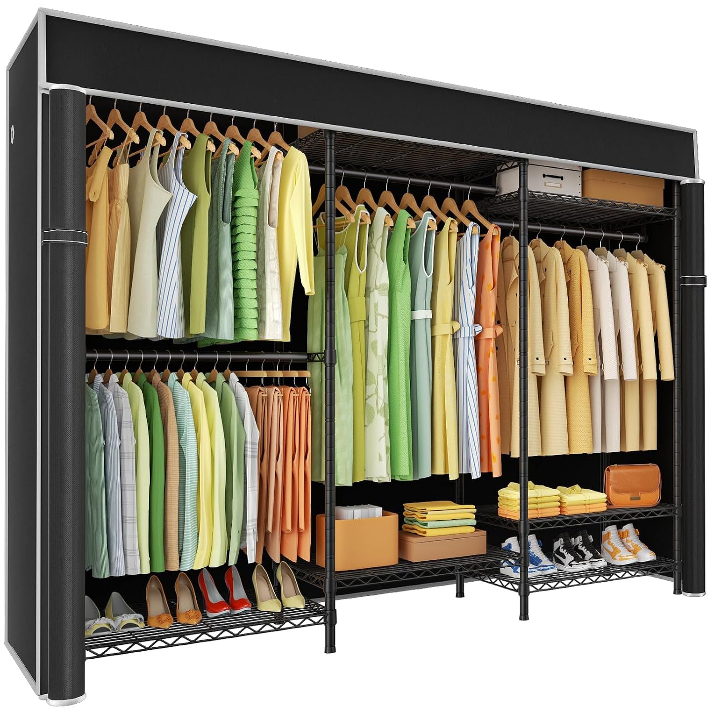 E13C Heavy Duty Closet Organizer System，Freestanding Clothing Racks for Hanging Clothes，Adjustable Garment Rack 63" W x 16" D x 77" H Hold 960 lbs，Black Clothing Rack with Black Dustproof Cover