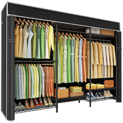 E13C Heavy Duty Closet Organizer System，Freestanding Clothing Racks for Hanging Clothes，Adjustable Garment Rack 63" W x 16" D x 77" H Hold 960 lbs，Black Clothing Rack with Black Dustproof Cover