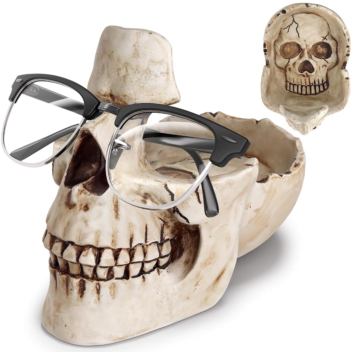 READAEER Skull Glasses Stand Holder, Creative Eyeglasses Holder, Sunglasses Spectacle Display Rack, Key Holder Resin Sculptures for Entryway, Home, Office, Desk, Nightstand (White)