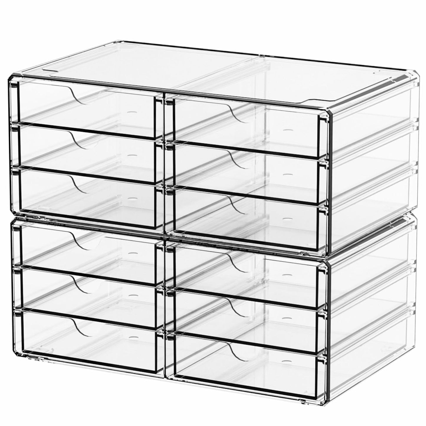 2 Pack Acrylic Storage Drawers With 12 Small Drawer,Stackable Office Cabinet Organizer and Makeup Organizer,Clear Plastic Drawers for Craft Supply,Pen,Stationary,Accessory,Makeup,Desk Organizer
