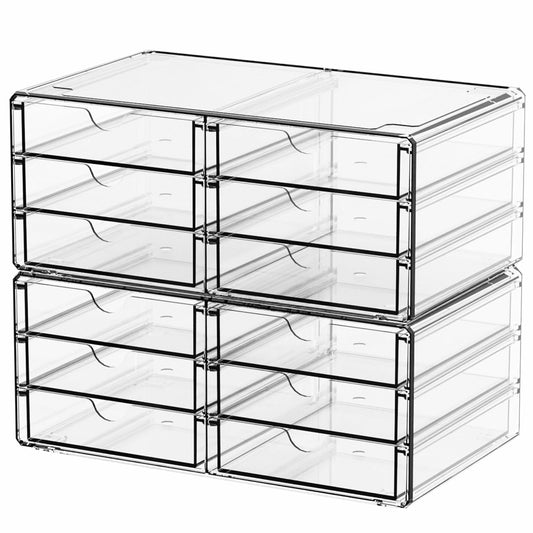 2 Pack Acrylic Storage Drawers With 12 Small Drawer,Stackable Office Cabinet Organizer and Makeup Organizer,Clear Plastic Drawers for Craft Supply,Pen,Stationary,Accessory,Makeup,Desk Organizer