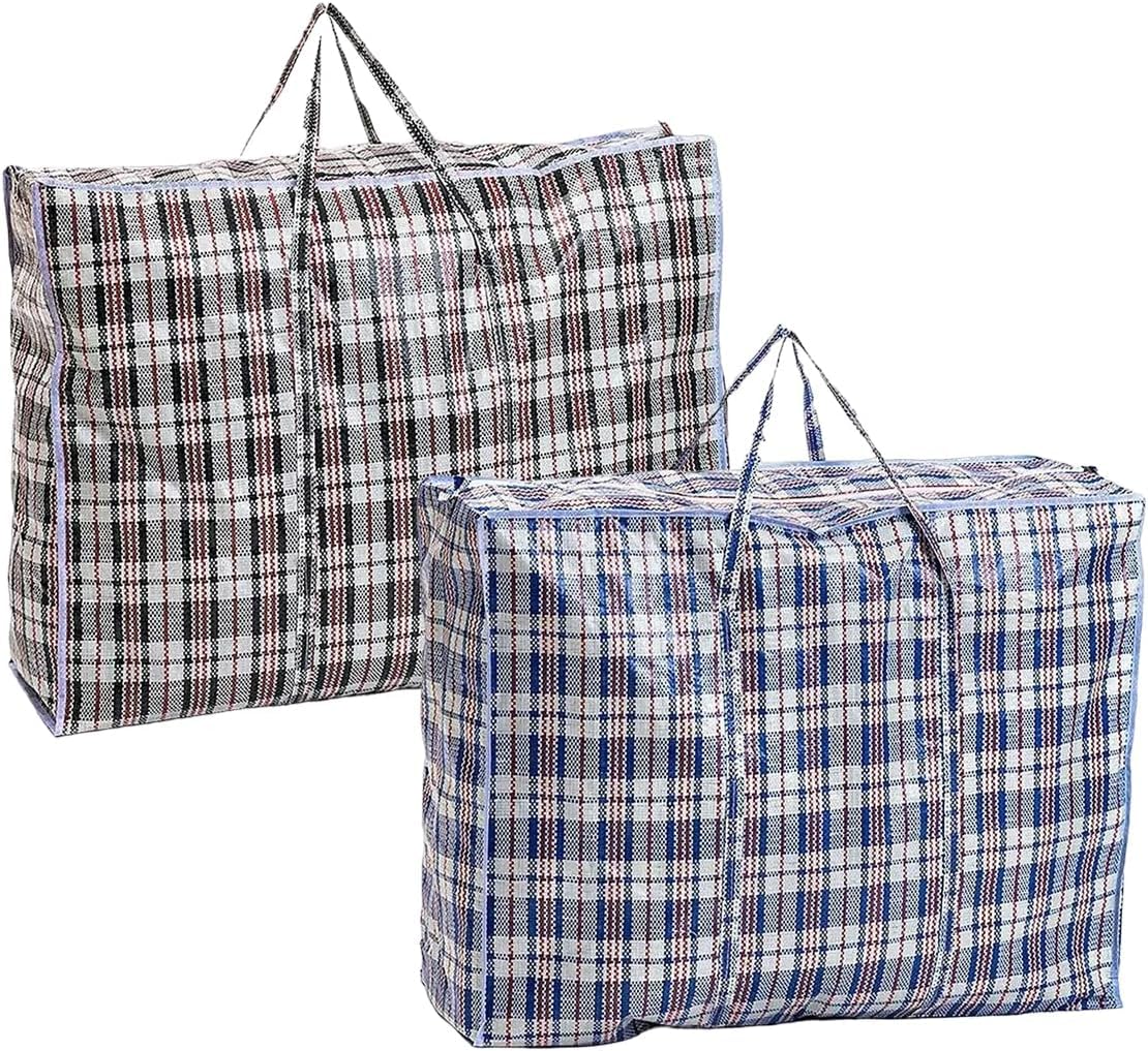 Laundry Bags Set of 2 Large Plastic Checkered Storage Laundry Shopping Bags with Zipper and Handles! Great for Travel,Laundry,Shopping,Storage,Moving. Multicolor