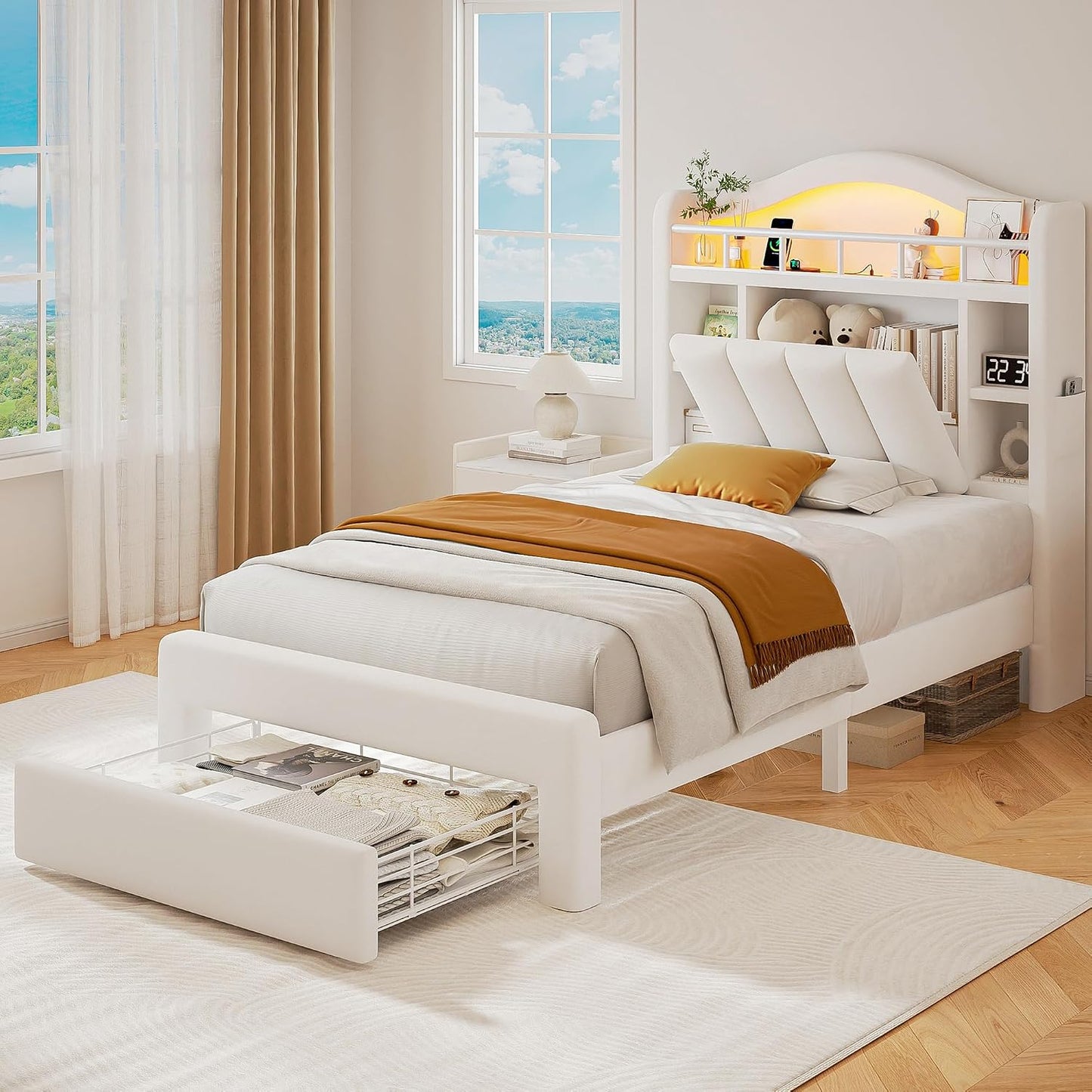 Twin Size Bed Frame with LED Storage Headboard & 2 Storage Drawers, Velvet Upholstered Bed with Vertical Tufted Headboard Design, USB & Type-C Charging Ports, Wooden Slats Support, Noise-Free, Beige