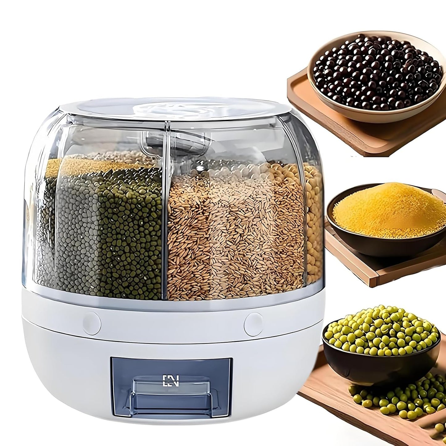 Rotating Grain Storage Bin 6 Grids Rice Container One-Click Output Large Capacity Food Dispenser For Rice Grains Sealed Moisture Proof Organizer (Grey) (Small)