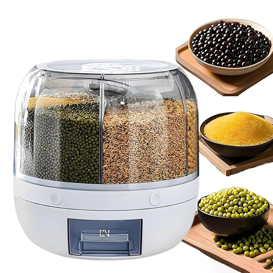 Rotating Grain Storage Bin 6 Grids Rice Container One-Click Output Large Capacity Food Dispenser For Rice Grains Sealed Moisture Proof Organizer (Grey) (Small)