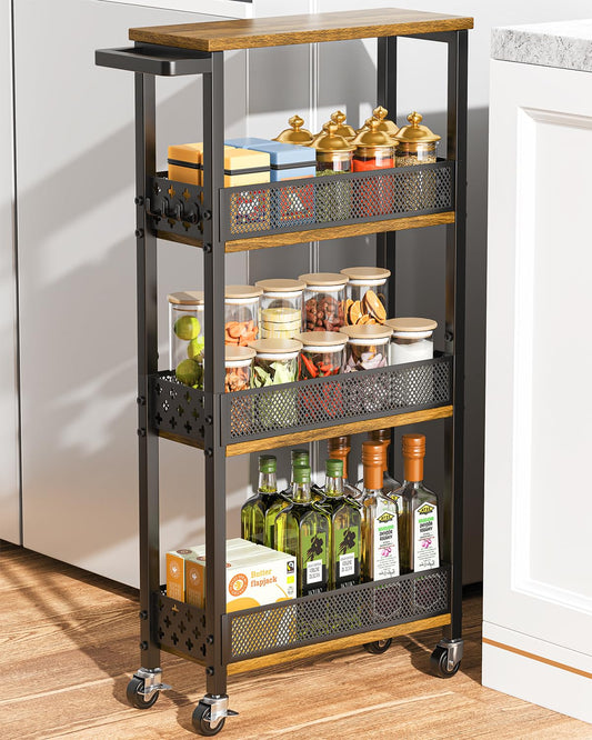 4-Tier Slim Rolling Storage Cart for Kitchen Bathr... (Brown/Net Bar | Metal)