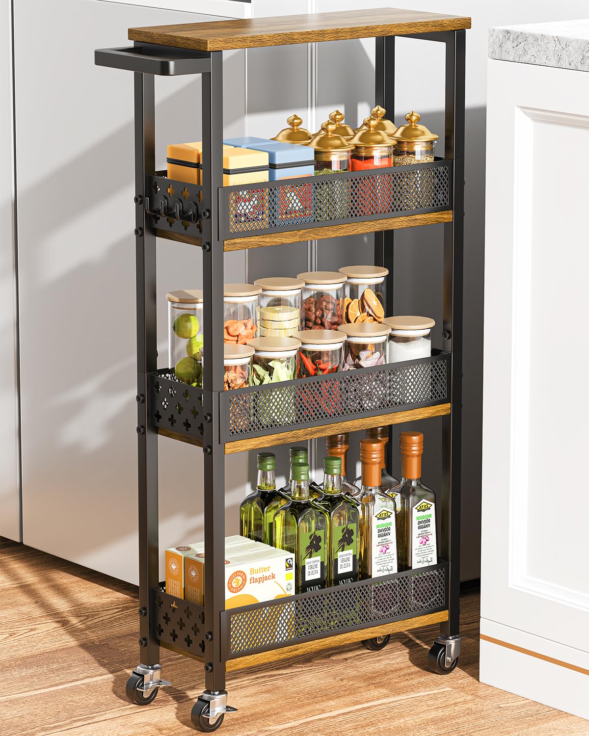 4-Tier Slim Rolling Storage Cart for Kitchen Bathroom Organizer, Mobile Narrow Storage Cabinet Utility Cart with Wood Rack on Wheels for Pantry Laundry Small Space